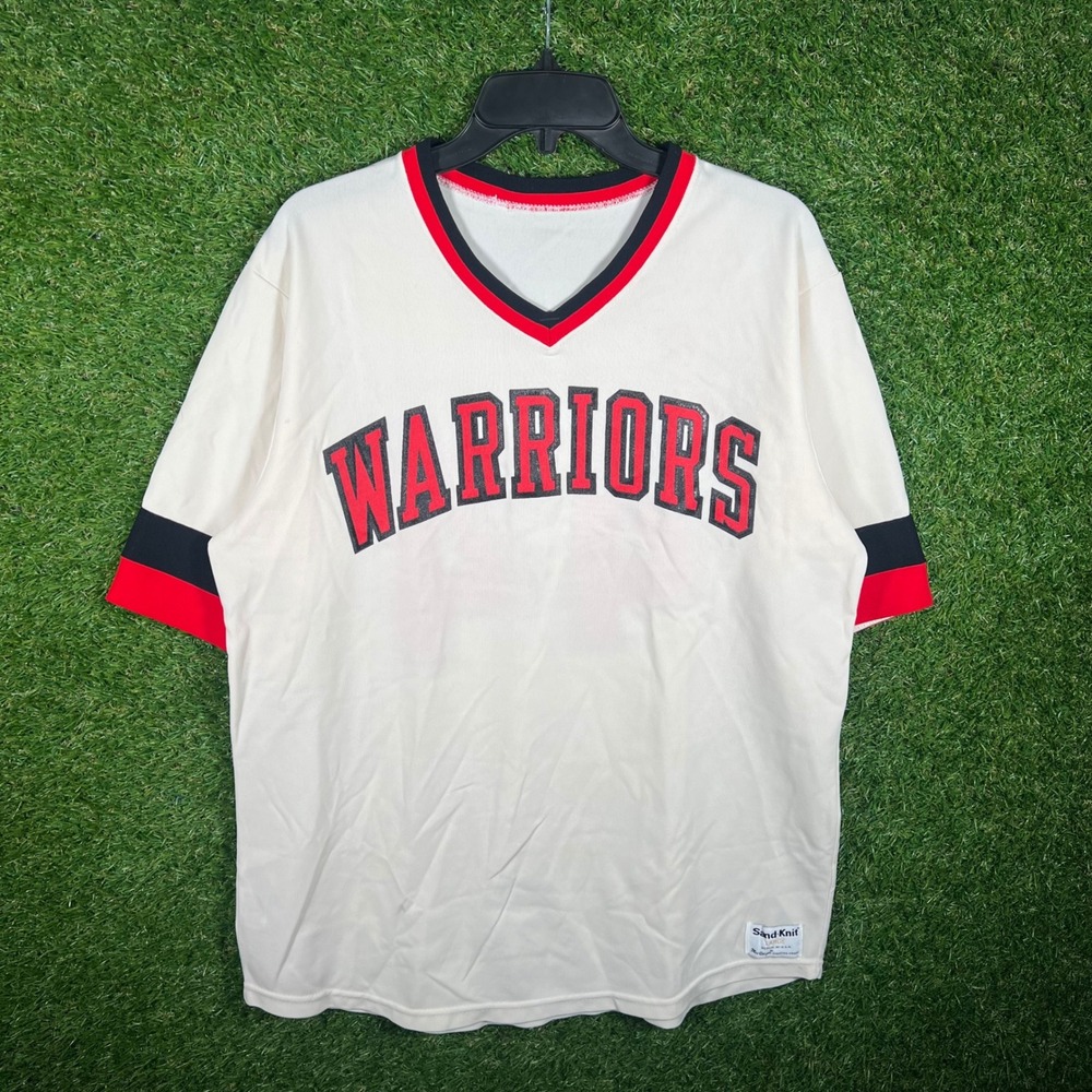 Vintage Sand-Knit MacGregor Warriors Jersey 44 Cream Red Black Mens Large USA